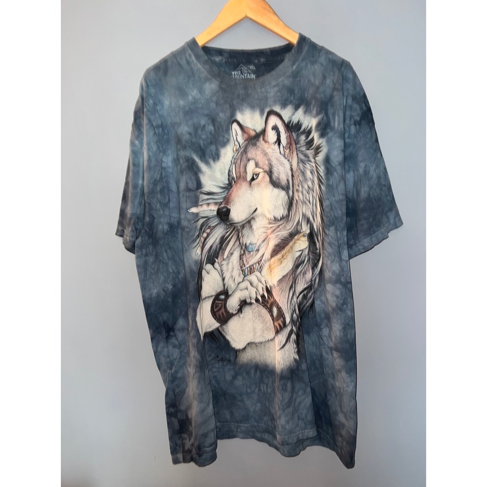 The Mountain Wolf Graphic Tie Dye T-Shirt Blue Grey Mens 2XL Short Sleeve Cotton
